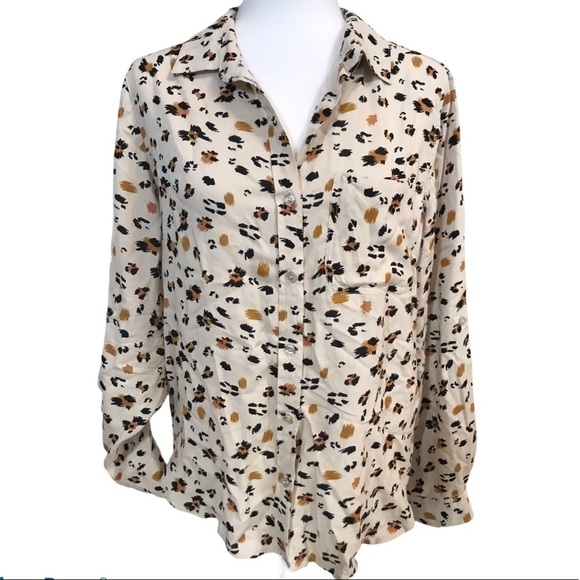 JAK & rae ivory leopard long sleeve button up top sz M - Picture 1 of 6
